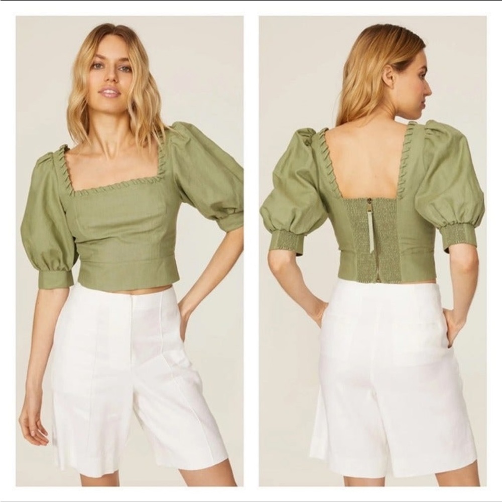 Ted Baker The Daisea Whipstitch Puff Sleeve Linen & Cotton Top In Green Size 5
